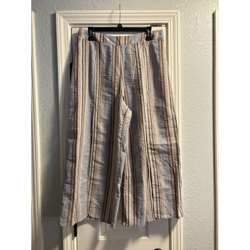 Hem & Thread Wide Leg Pants Women Large Blue Striped Cotton Gauze Boho 6944